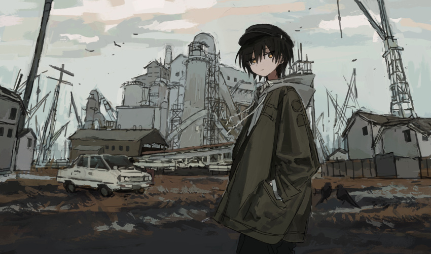 1boy, bird, black_hair, brown_eyes, building, car, closed_mouth, commentary, crane_(machine), crow, drawstring, expressionless, flat_cap, hands_in_pockets, hat, highres, hood, hood_down, hoodie, jacket, male_focus, motor_vehicle, original, outdoors, overcast, refinery, scenery, short_hair, sky, solo, yigo_(iprgyi)