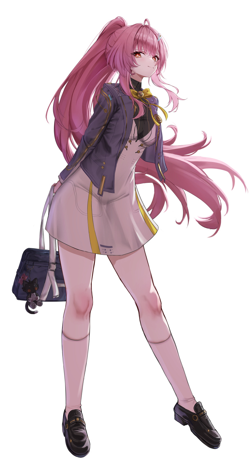 1girl, absurdres, aemeath_(student)_(wuthering_waves), aemeath_(wuthering_waves), ahoge, bag, bag_charm, black_shoes