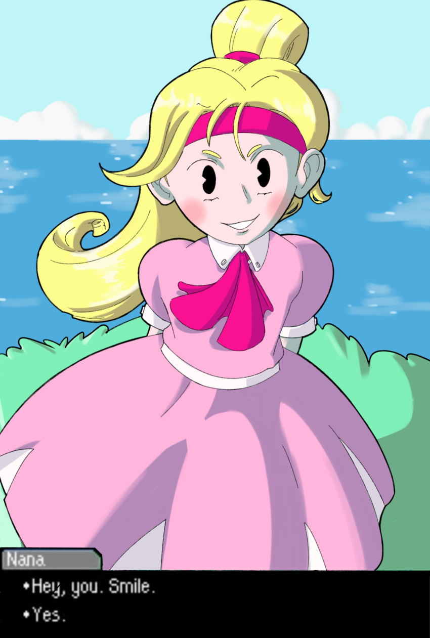 1girl, blonde_hair, blue_sky, canon_event, clouds, dialogue_box, dress, dustiletto, grass, highres, mother_(series), mother_3, nana_(mother_3), ocean, pac-man_eyes, pink_dress, sky, smile