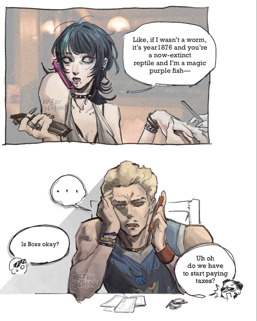 ..., 2boys, androgynous, applying_another's_manicure, black_hair, blonde_hair, bra_strap, bracelet