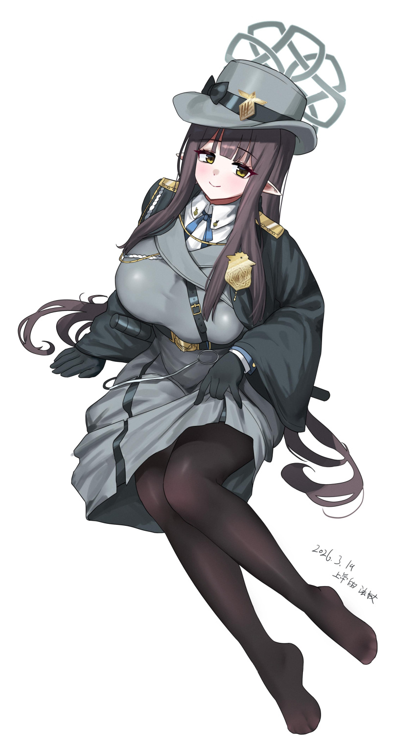 1girl, absurdres, black_gloves, black_pantyhose, blue_archive, breasts, brown_hair, commentary_request