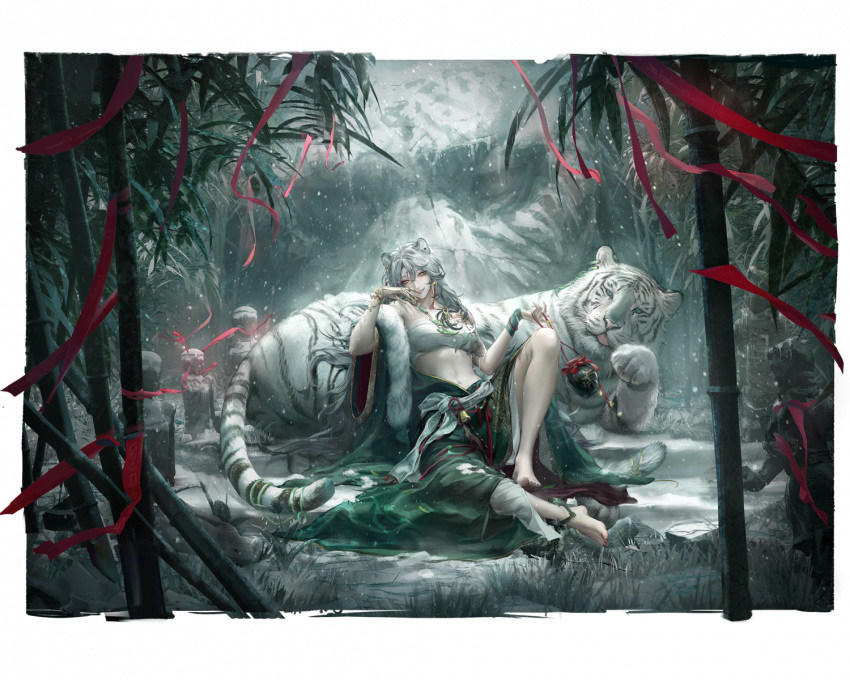 1girl, animal_ears, anklet, artist_request, bamboo, bamboo_forest, bear_trap, bell, belt, blue_eyes, budget_sarashi, chest_sarashi, forest, green_skirt, grey_hair, highres, jewelry, nature, o-ring, o-ring_belt, official_art, path_to_nowhere, red_ribbon, ribbon, sarashi, shoulder_tattoo, skirt, tattoo, tiger, tiger_ears, tiger_tattoo, tongue, tongue_out, white_tiger, xiaofeng_(path_to_nowhere), yellow_eyes