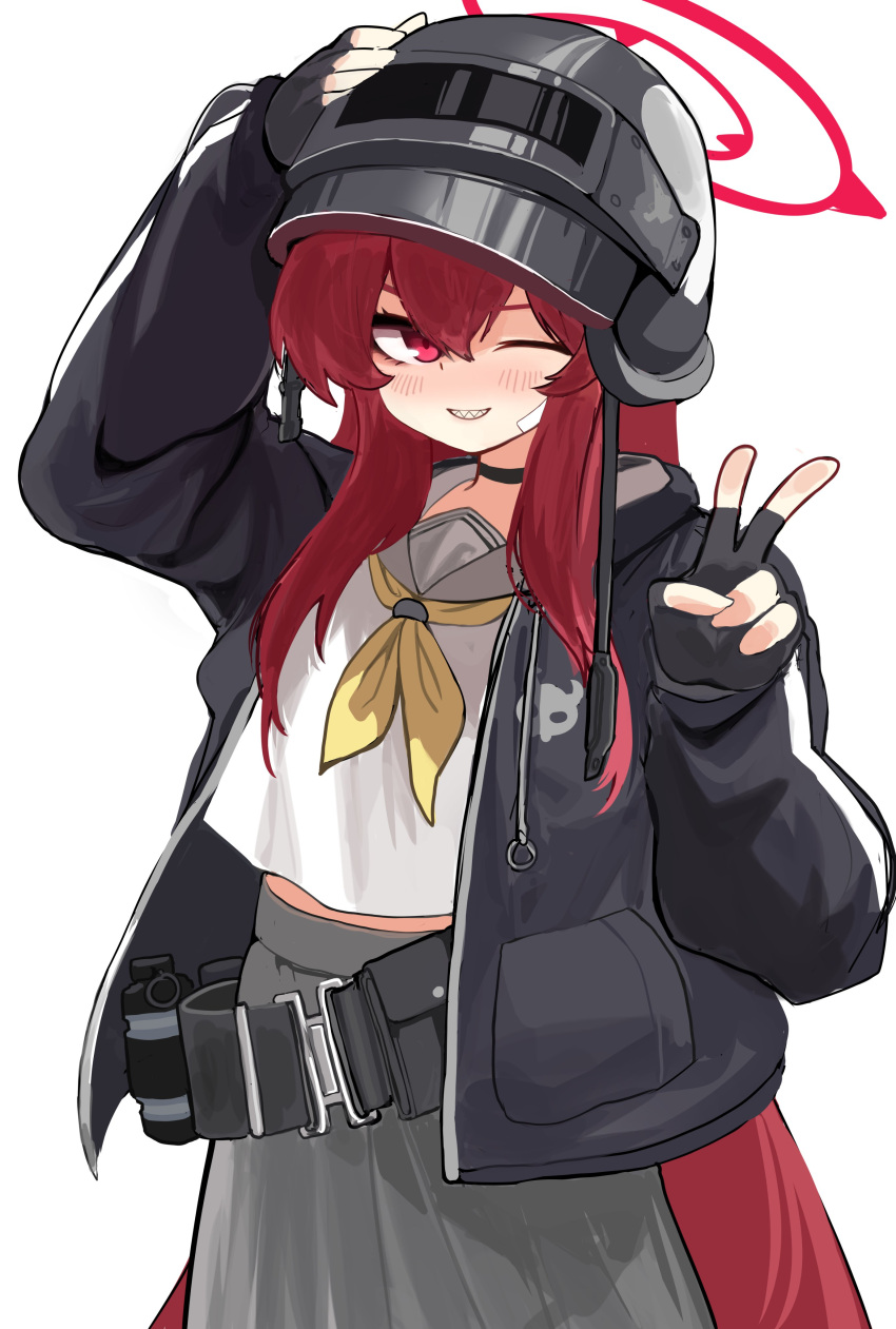 1girl, absurdres, altyn_helmet, arm_up, bandage_on_cheek, belt, black_gloves, black_helmet