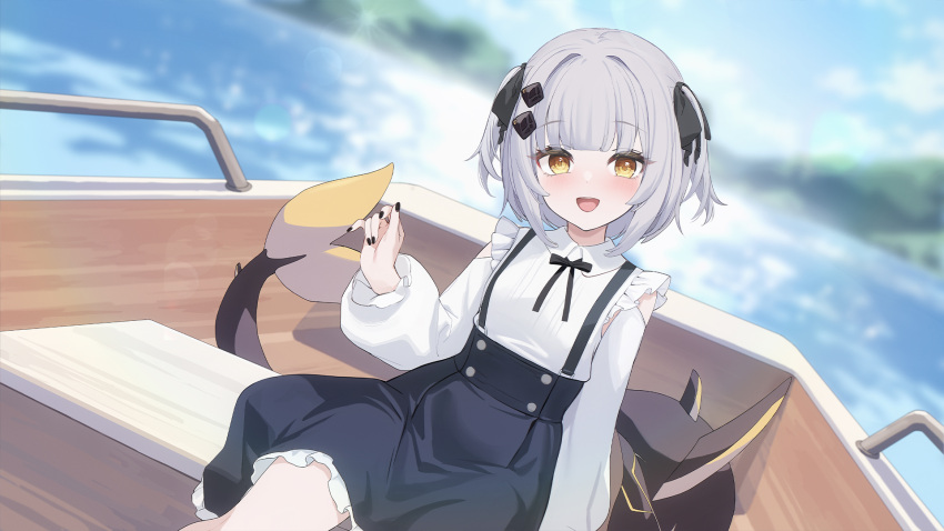 azur_lane, black_nails, black_necktie, black_skirt, boat, explorer_(azur_lane), fins, fish_tail