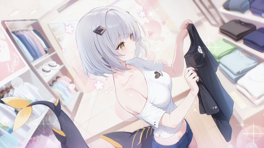 azur_lane, explorer_(azur_lane), fins, fish_tail, game_cg, hair_ornament, highres, indoors, looking_at_another, non-web_source, pov, shirt, short_hair, single_off_shoulder, smile, tail, white_hair, white_shirt, yellow_eyes