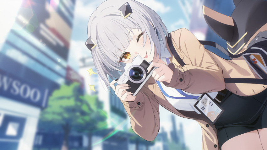 azur_lane, bag, brown_coat, camera, coat, explorer_(azur_lane), fins, fish_tail