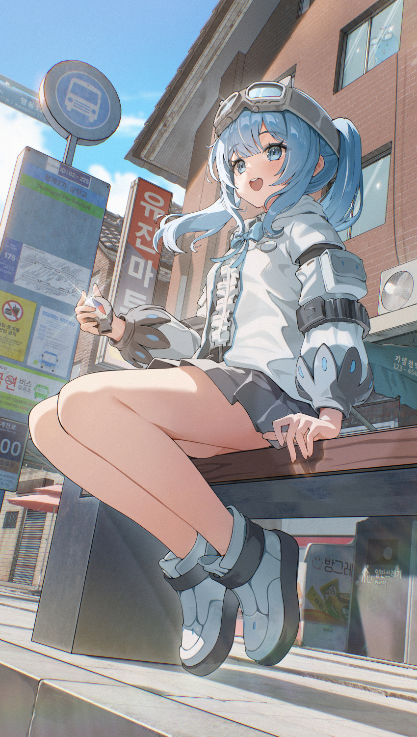 1girl, absurdres, arahashi_tabi, blue_bow, blue_bowtie, blue_eyes, blue_hair, blue_sky