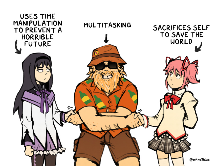 1boy, 2girls, :/, akemi_homura, arm_behind_back, arrow_(symbol), beard, beer_print