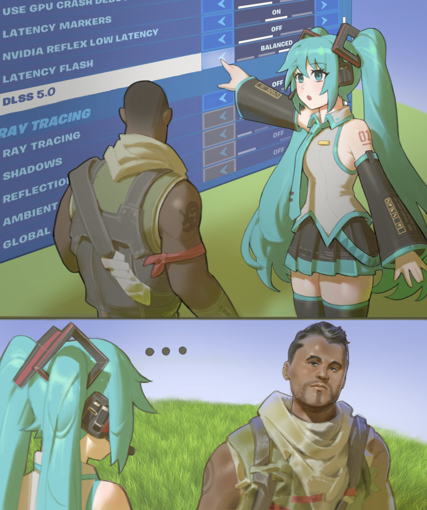 ..., 1boy, 1girl, :o, absurdres, aqua_eyes, aqua_hair, aqua_necktie, armband, bare_shoulders, black_hair, black_sleeves, blue_sky, commando_spitfire_(fortnite), commentary, dark-skinned_male, dark_skin, dlss5_(meme), english_commentary, english_text, facial_hair, fortnite, goatee, grass, green_shirt, grey_shirt, hatsune_miku, headphones, heads-up_display, headset, highres, hill, long_hair, meme, necktie, number_tattoo, outdoors, outstretched_arm, pacpoi, red_armband, scarf, shirt, sky, sleeveless, sleeveless_shirt, standing, tattoo, twintails, user_interface, very_long_hair, vocaloid, wing_collar, yellow_scarf