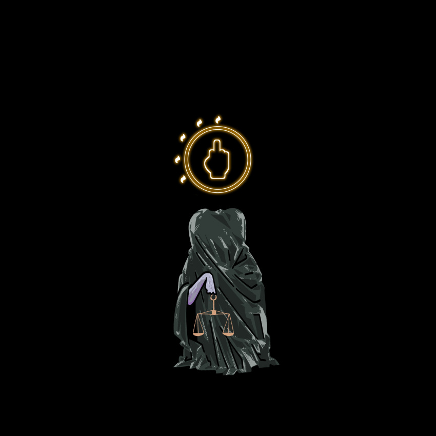 1boy, absurdres, balance_scale, black_background, chun_grandfa, commentary, elden_ring, elden_ring_nightreign, highres, holding_balance_scale, holding_scale, libra_(elden_ring), middle_finger, monster, monster_focus, robe, sigil, solo, untranslatable_commentary, weighing_scale