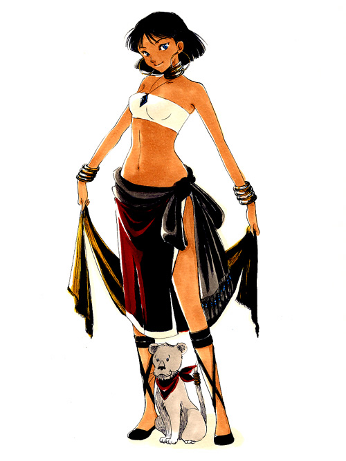bandeau, bare_shoulders, black_hair, bob_cut, bracelet, cross-laced_footwear, dark_skin, earrings, fushigi_no_umi_no_nadia, jewelry, king_(nadia), lion, loincloth, midriff, nadia, neck_ring, necklace, sakurako_(sakurawe), sandals, short_hair, smile, tubetop