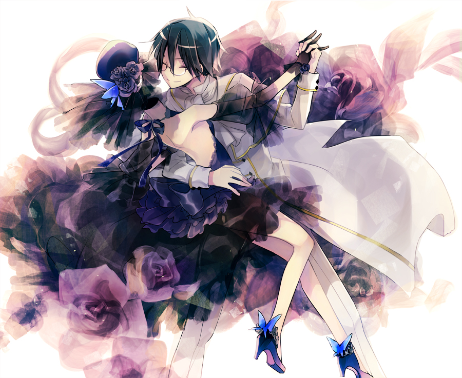 1girl, bare_back, bare_shoulders, black_hair, butterfly, celty_sturluson, closed_eyes, couple