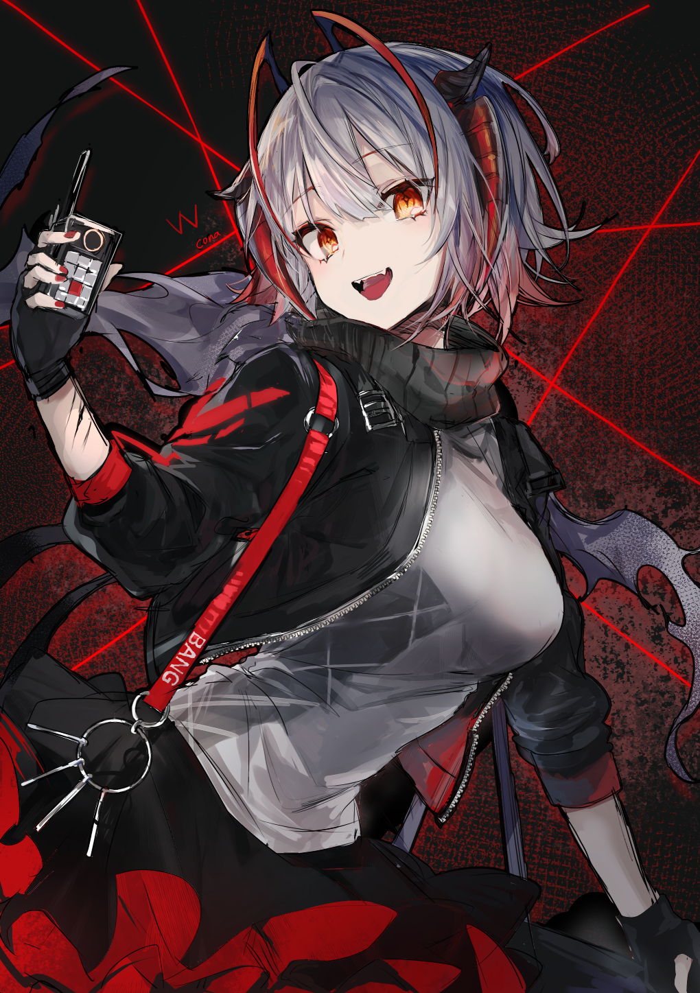 1girl, arknights, black_gloves, breasts, commentary_request, conallixxc, demon_girl, demon_horns