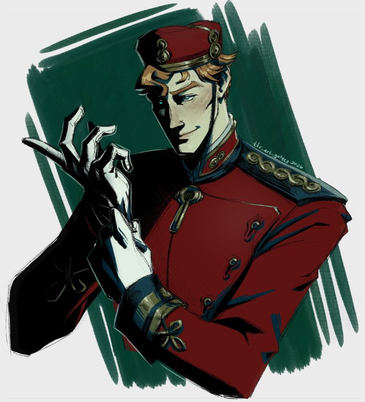 1boy, blue_eyes, collared_jacket, commentary, deadlock_(game), doorman_(deadlock), english_commentary, gloves, green_background, hat, jacket, keyhole, long_sleeves, male_focus, orange_hair, red_hat, red_jacket, short_hair, simple_background, smile, solo, tkr_art_gallery, very_short_hair, white_background, white_gloves