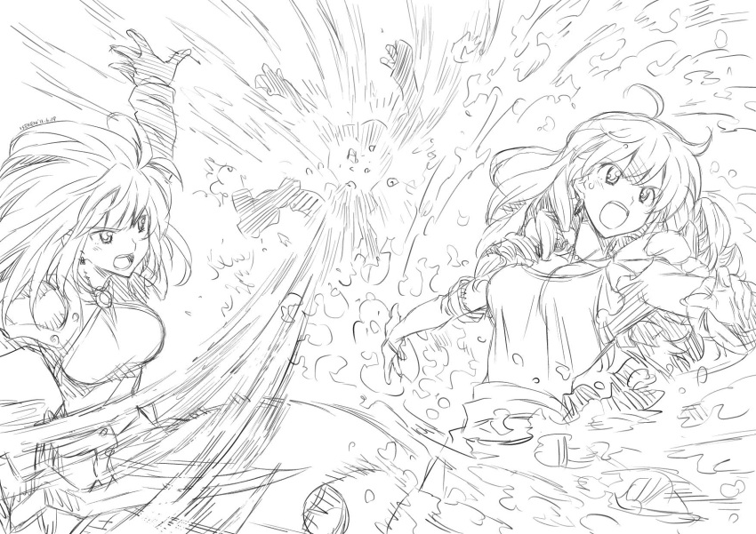 copyright_request, explosion, highres, isedaichi_ken, lann_(phantasy_star), mieu_(phantasy_star), monochrome, phantasy_star_iii