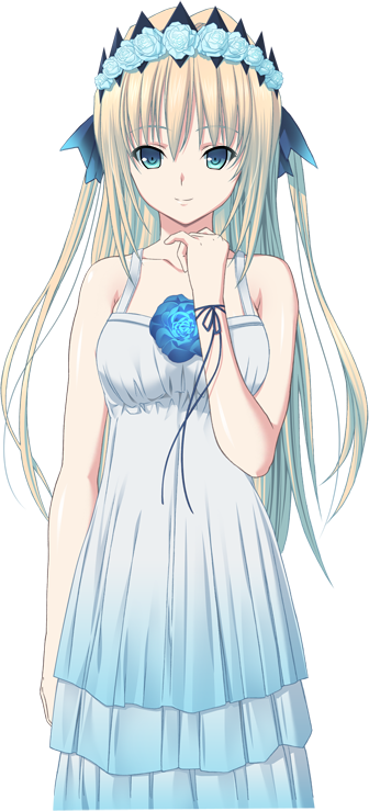 1girl, bad_source, bare_arms, blonde_hair, blue_flower, blue_rose, breasts, clenched_hand