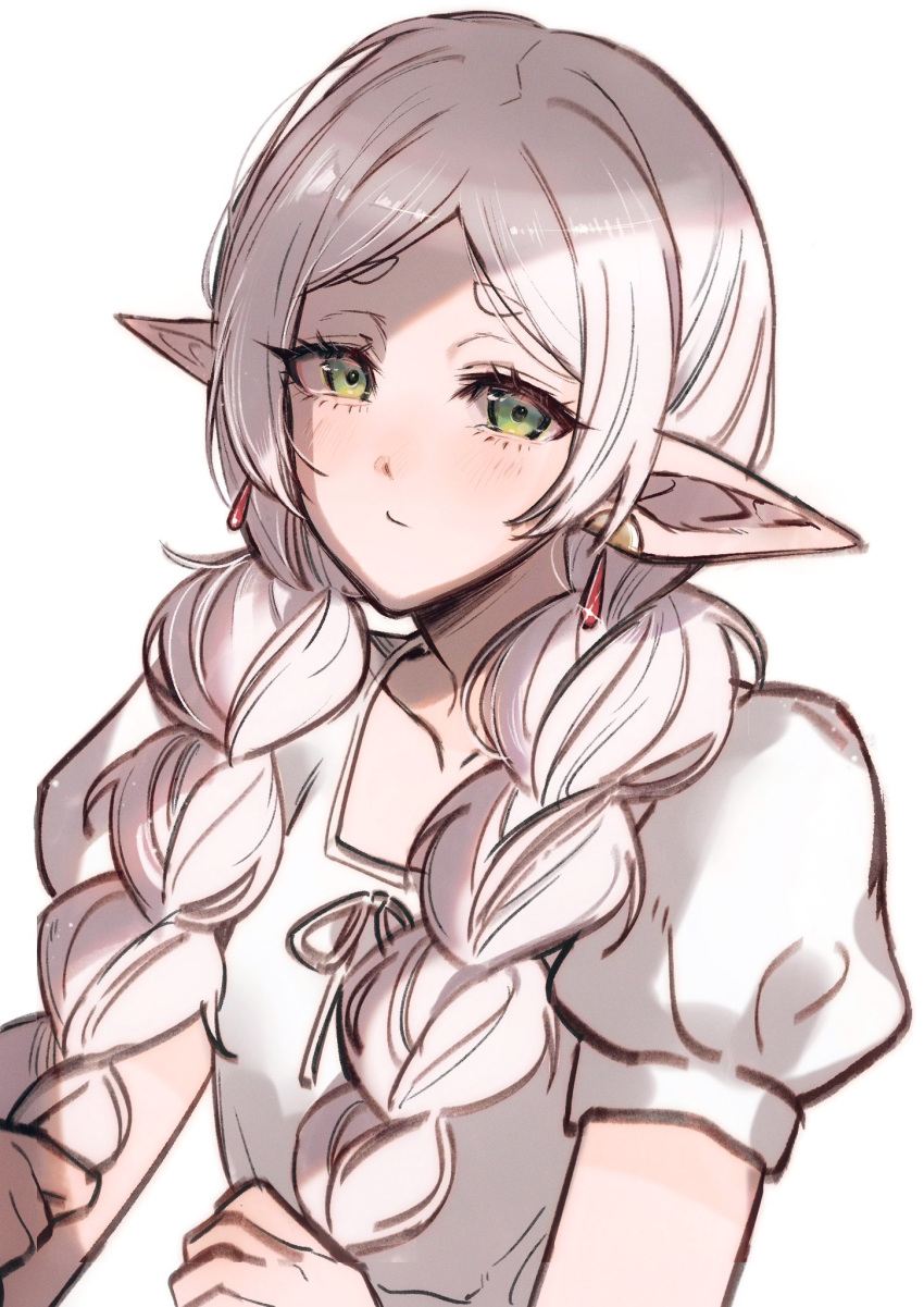 1girl, braid, dodo_(dodobo), earrings, elf, frieren, green_eyes, highres