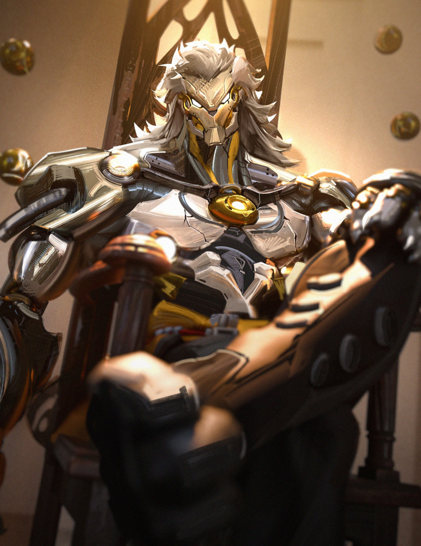 1boy, absurdres, banyue_(zenless_zone_zero), blurry, blurry_foreground, chair, clothed_robot, clothes_around_waist