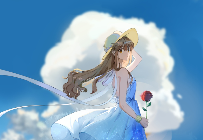 1girl, backless_dress, backless_outfit, blue_sky, bracelet, brown_eyes, brown_hair, chinese_commentary