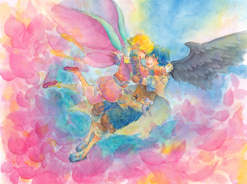 black_wings, blonde_hair, blue_hair, closed_eyes, cloud, elbow_pads, eyes_closed, fairy_wings