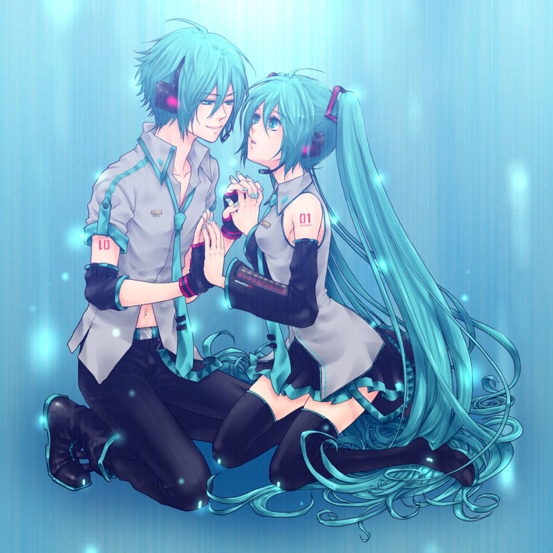 aqua_hair, detached_sleeves, fingerless_gloves, genderswap, gloves, hatsune_miku, hatsune_mikuo, headphones