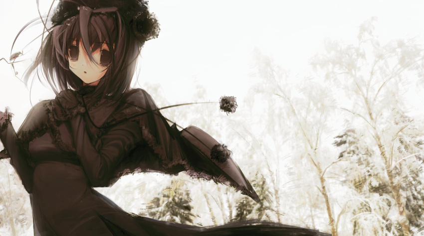 1girl, 2000s_(style), :o, absurdres, backlighting, black_capelet, black_dress, black_eyes