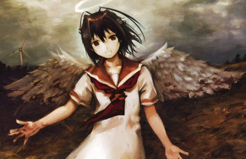 1girl, :d, angel, angel_wings, antenna_hair, blood, blood_on_hands, bloody_wings