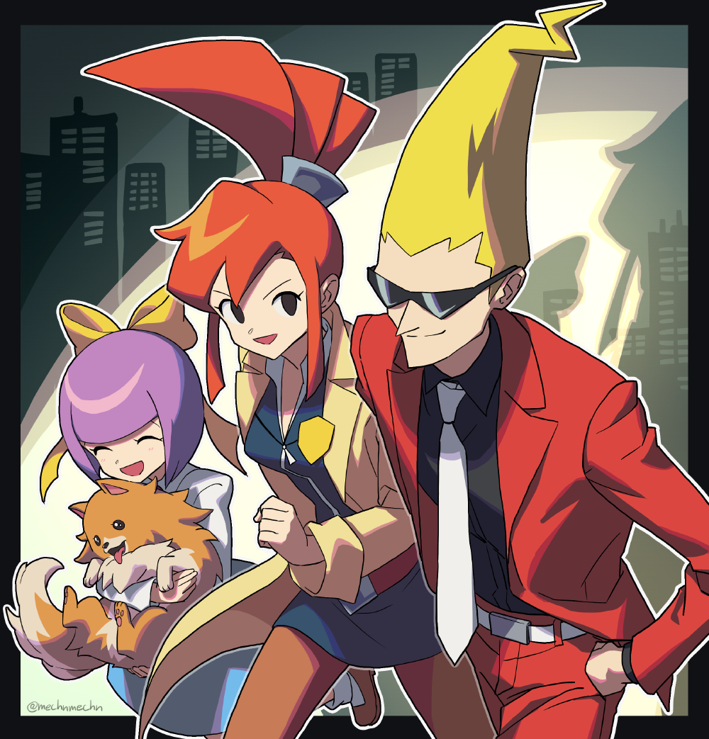 1boy, 2girls, animal, black_shirt, blonde_hair, bow, closed_mouth, collared_shirt
