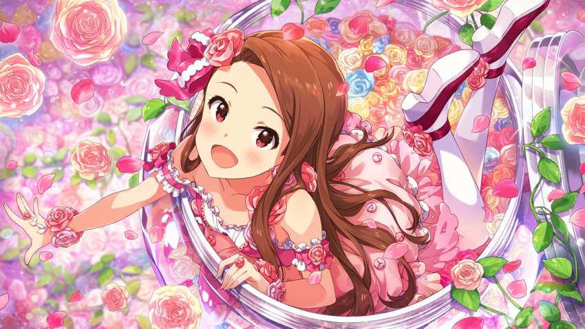 1girl, brown_hair, card_commentary, commentary_request, dress, feet_up, flower, from_above