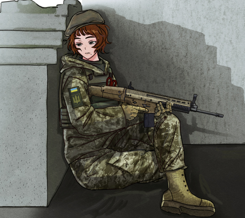 1girl, assault_rifle, bad_link, beret, body_armor, brown_hair, camouflage, camouflage_jacket