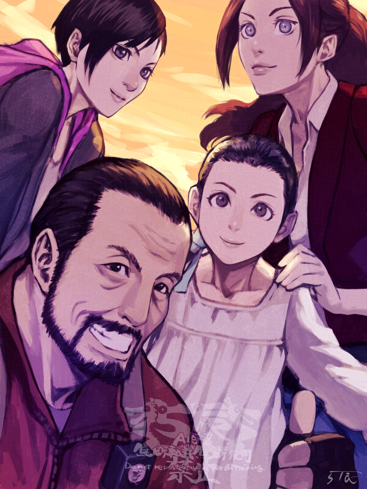 1boy, 3girls, 5tatsu, barry_burton, beard, black_hair, brown_hair, claire_redfield