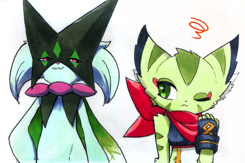 2girls, animal_ears, aoguma_(jtpa4525), black_gloves, black_nose, carol_tea, cat_ears, cat_girl, crop_top, fingerless_gloves, freedom_planet, freedom_planet_2, furry, furry_female, gloves, green_eyes, green_fur, meowscarada, multiple_girls, one_eye_closed, pink_eyes, pokemon, pokemon_(creature), pokemon_sv, red_scarf, scarf, striped_fur, white_background
