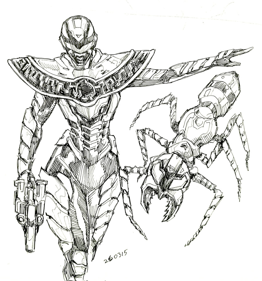 1girl, 1other, adi_(adivider), ant, antennae, armor, armored_bodysuit, bodysuit