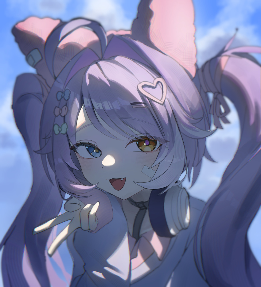 1girl, :3, :d, absurdres, ahoge, blue_eyes, blue_shirt, blue_sky, bun_cover, commentary, day, dessin56902, double_bun, fang, hair_bun, hair_ears, hair_intakes, hair_ornament, hand_up, headphones, headphones_around_neck, heart, heart_hair_ornament, heterochromia, highres, long_sleeves, looking_at_viewer, open_mouth, orange_eyes, outdoors, parted_bangs, purple_pupils, shirt, sky, sleeves_past_wrists, smile, solo, stellive, tenko_shibuki, upper_body, v, virtual_youtuber, yellow_pupils