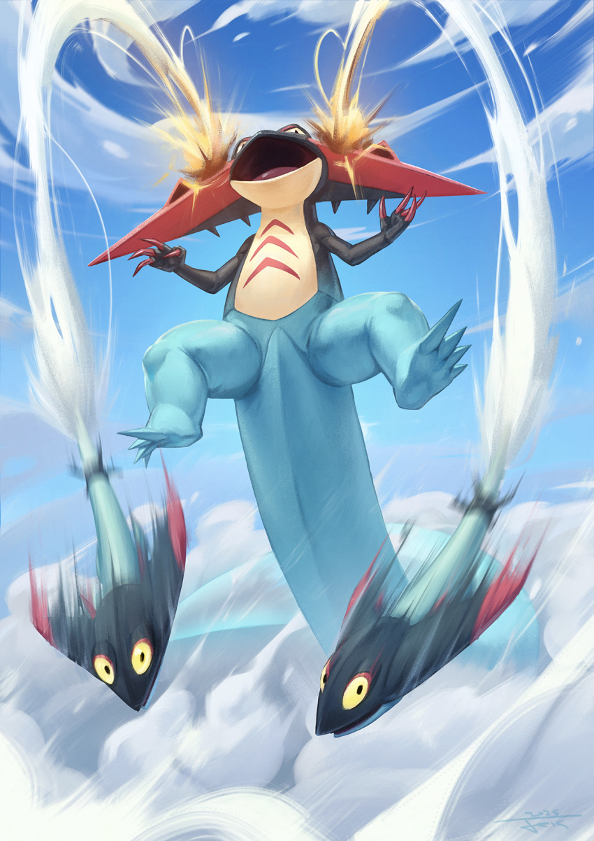 above_clouds, blue_sky, clouds, commentary, day, dragapult, dragon_darts_(pokemon), dreepy