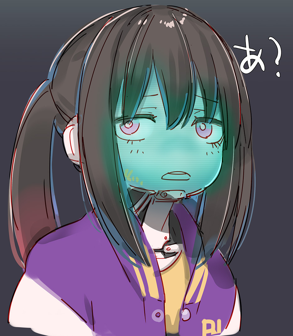 1girl, a_(phrase), android, black_hair, commentary_request, cropped_arms, cropped_torso, d: