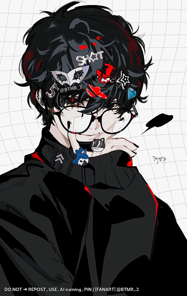 1boy, alternate_costume, amamiya_ren, bent_v, black-framed_eyewear, black_hair, black_nails, black_sweater
