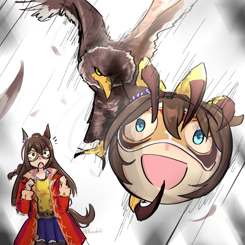 1girl, :d, absurdres, animal_ears, belt, bird, black_shirt, blue_eyes, blue_skirt, brown_belt, brown_hair, buttons, character_ball, claws, commentary, constricted_pupils, derivative_work, domino_mask, double-breasted, ear_ornament, el_condor_pasa_(el_numero_1)_(umamusume), el_condor_pasa_(umamusume), english_commentary, eye_mask, fasedoki, hair_between_eyes, hair_intakes, hands_up, hawk, high_ponytail, highres, horse_ears, horse_girl, horse_tail, jacket, mambo_(umamusume), mask, motion_lines, notice_lines, open_clothes, open_jacket, open_mouth, pet, pleated_skirt, ponytail, red_jacket, shirt, skirt, smile, solo, speed_lines, tail, twitter_username, umamusume, yellow_shirt