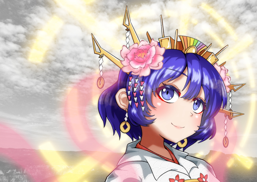 1girl, absurdres, blue_eyes, blue_hair, check_commentary, chinese_commentary, clouds, cloudy_sky, coin_earrings, collared_shirt, commentary_request, crown, flower, flower_on_head, flower_request, hair_between_eyes, hair_flower, hair_ornament, halo, head_tilt, headband, highres, light_blush, looking_afar, mole, mole_under_eye, mountainous_horizon, photo_background, portrait, purple_hair, shirt, short_hair, sky, sleepymoon, smile, solo, tenkyuu_chimata, touhou, violet_eyes