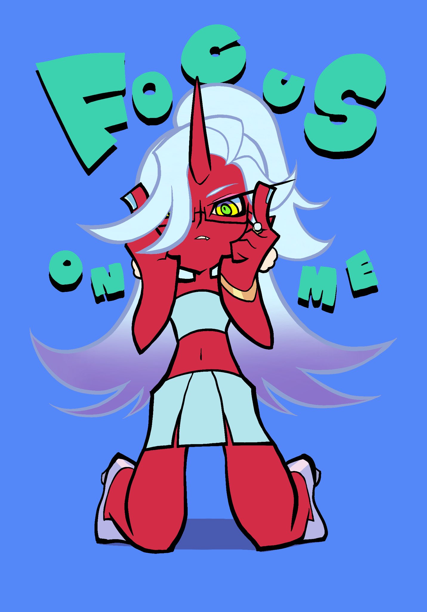 1girl, blue_hair, colored_skin, commentary_request, demon_girl, demon_horns, green_eyes, high_heels