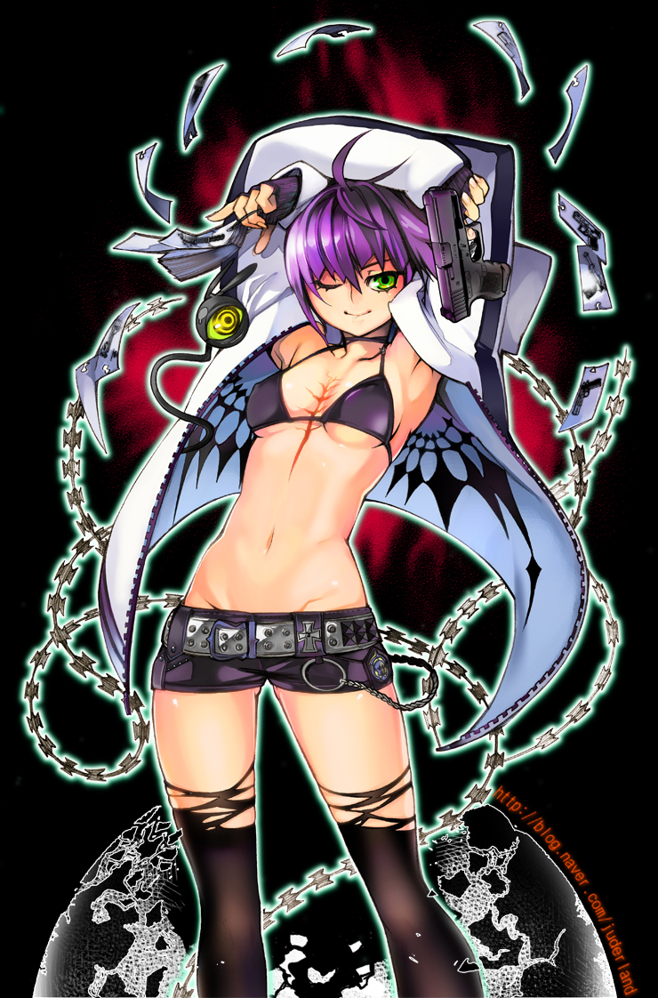 arms_up, belt, bikini_top, black_legwear, cavalier_of_the_abyss, chain, chains, choker