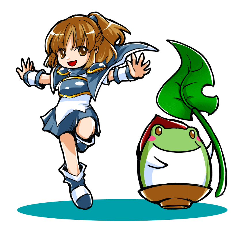 armor, blush_stickers, brown_eyes, brown_hair, dongurigaeru, frog, leaf, leg_up