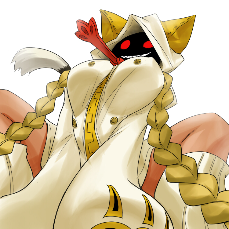 braid, cat_hood, grin, hood, oro_(zetsubou_girl), red_eyes, smile, straddle