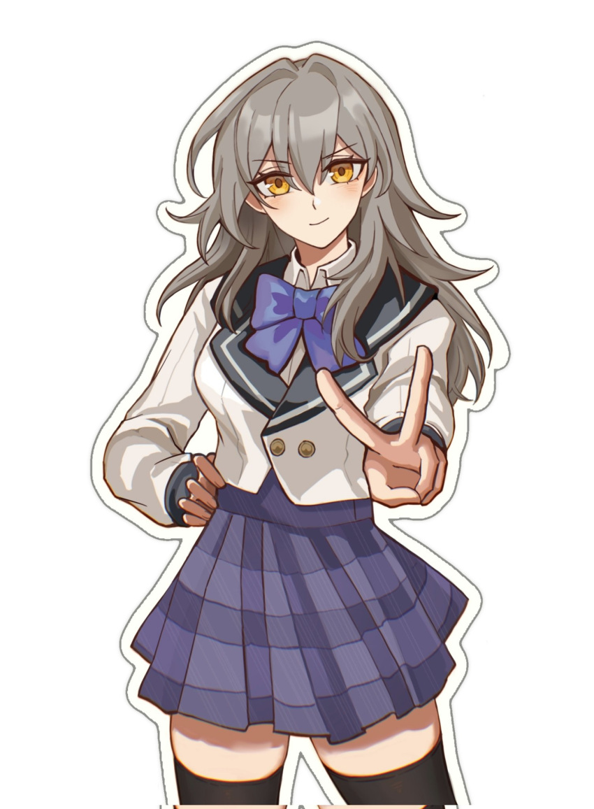 1girl, black_thighhighs, blazer, blue_bow, blue_bowtie, bow, bowtie, buttons
