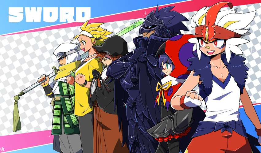 1girl, 5boys, armor, bandaid, bandaid_on_face, bandaid_on_nose, black_armor, black_bodysuit