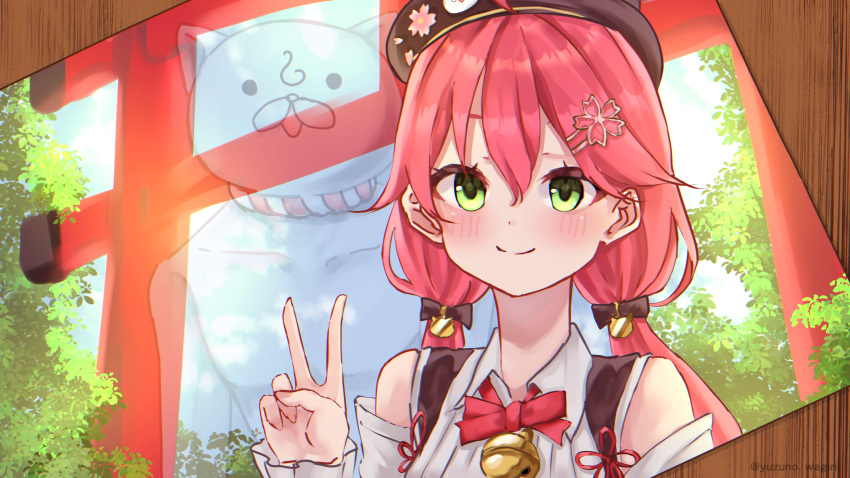 1girl, 35p_(sakura_miko), absurdres, ahoge, beret, black_hat, collared_shirt, floating_headgear