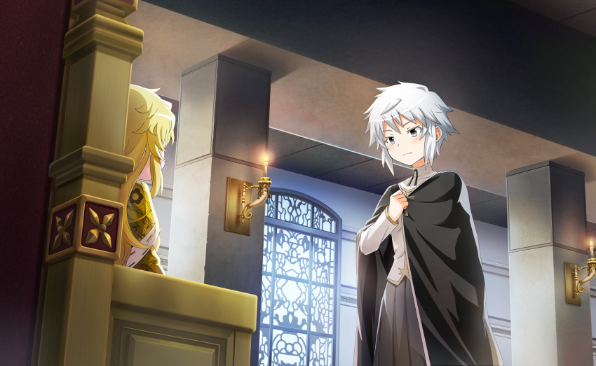 2girls, artist_request, blonde_hair, candle, candlestand, cape, clenched_hand, closed_mouth