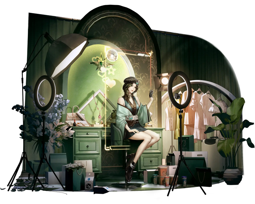 1girl, aqua_dress, aqua_streaks, artist_request, bag, belt, belt_buckle, brown_hair, buckle, camera, dress, gloves, handbag, hat, hat_ornament, high_chair, highres, hologram, jewelry, mirror, multicolored_hair, necklace, off_shoulder, official_art, path_to_nowhere, plant, potted_plant, ring_light, shopping_bag, single_glove, sleeveless, streaked_hair, table, thalia_(path_to_nowhere), tripod, vanity_table, white_belt