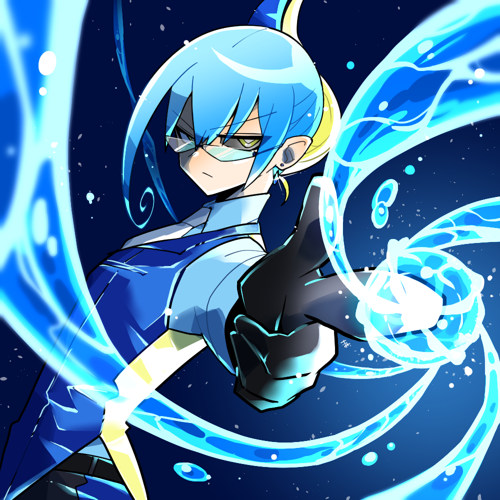1boy, aiming, belt, black_belt, black_gloves, blonde_hair, blue_hair, blue_shirt