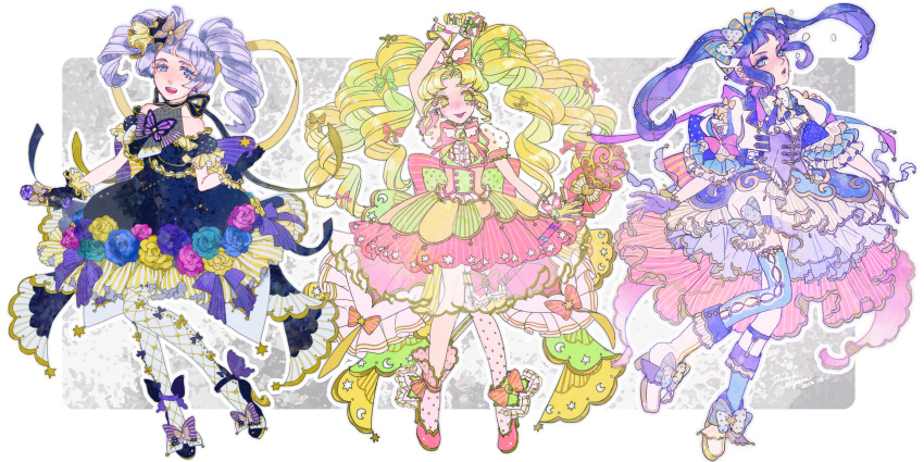 3girls, :o, absurdres, ankle_bow, ankle_socks, argyle_clothes, argyle_pantyhose, arm_up